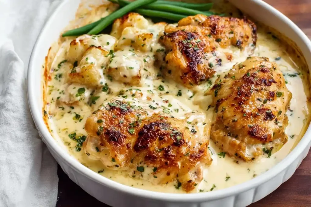 Golden brown Creamy Garlic Chicken and Potatoes baked in a rich herb sauce in a white casserole dish.