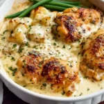Golden brown Creamy Garlic Chicken and Potatoes baked in a rich herb sauce in a white casserole dish.