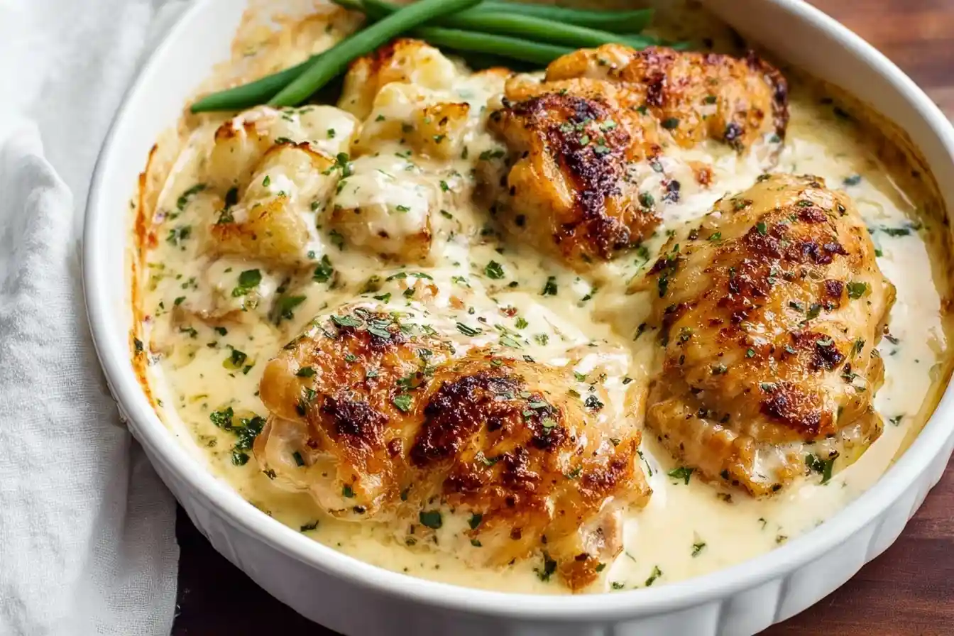 Golden brown Creamy Garlic Chicken and Potatoes baked in a rich herb sauce in a white casserole dish.