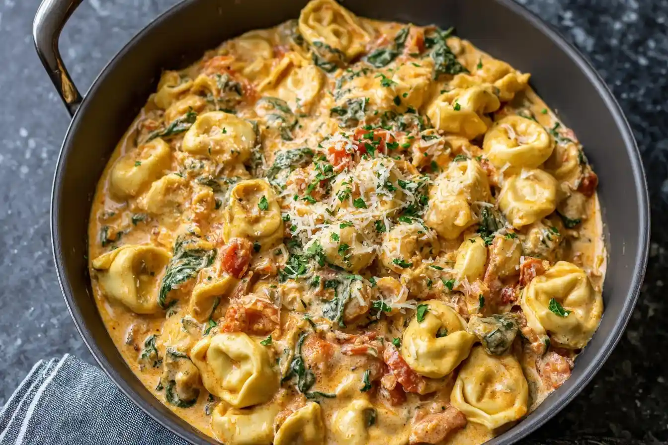 Skillet of creamy {{ $('Fetch Recipe Data').first().json["Main Keyword"] }} with spinach, tomatoes, and parmesan.