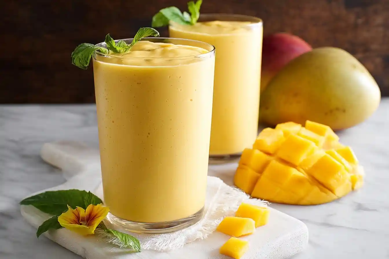 Two glasses of sweet mango smoothie garnished with mint leaves alongside fresh sliced mangoes.