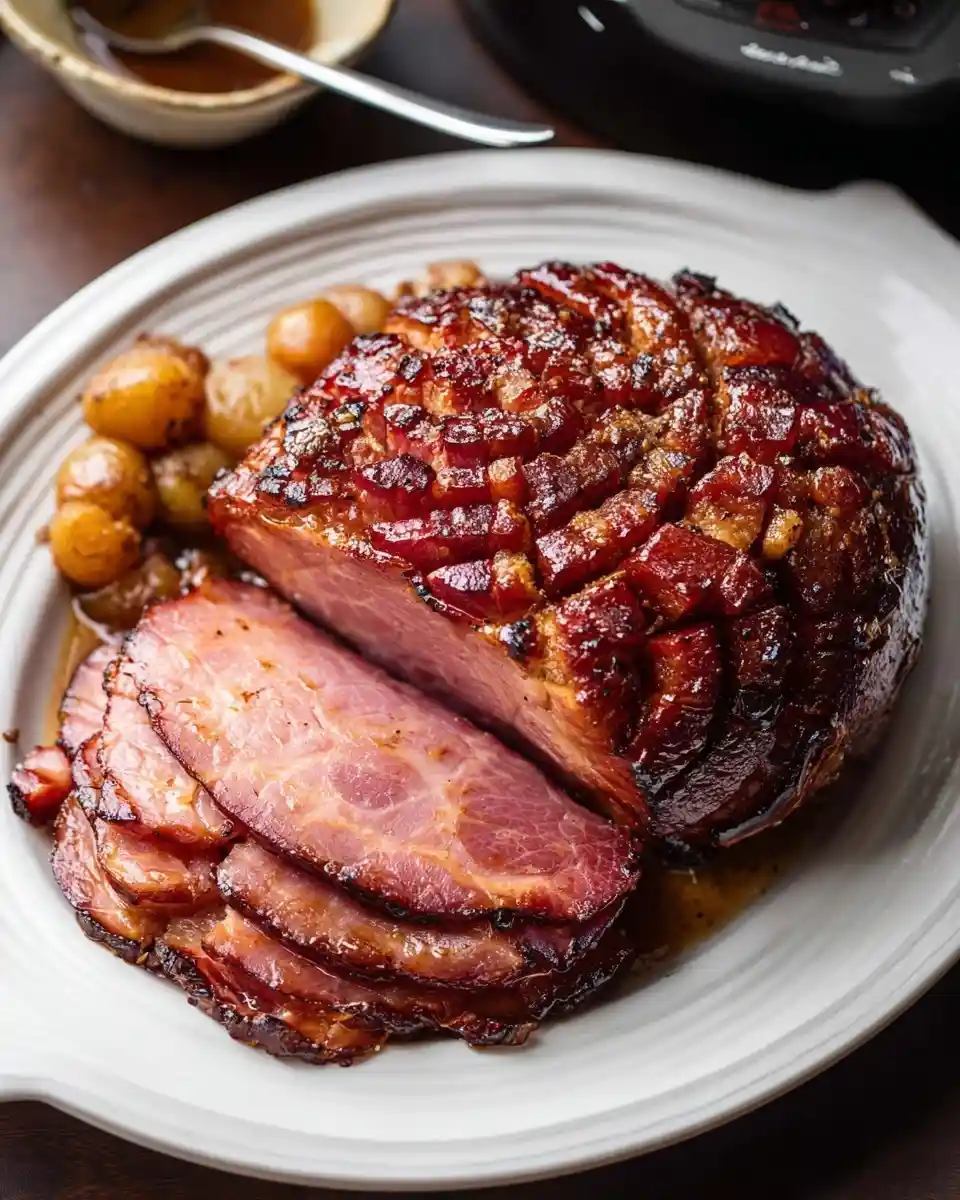 A beautifully scored and sliced glazed ham on a white platter with small roasted potatoes.