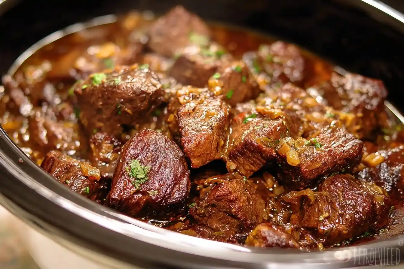 Close-up of tender slow cooker beef tips in a rich brown gravy, garnished with fresh herbs.