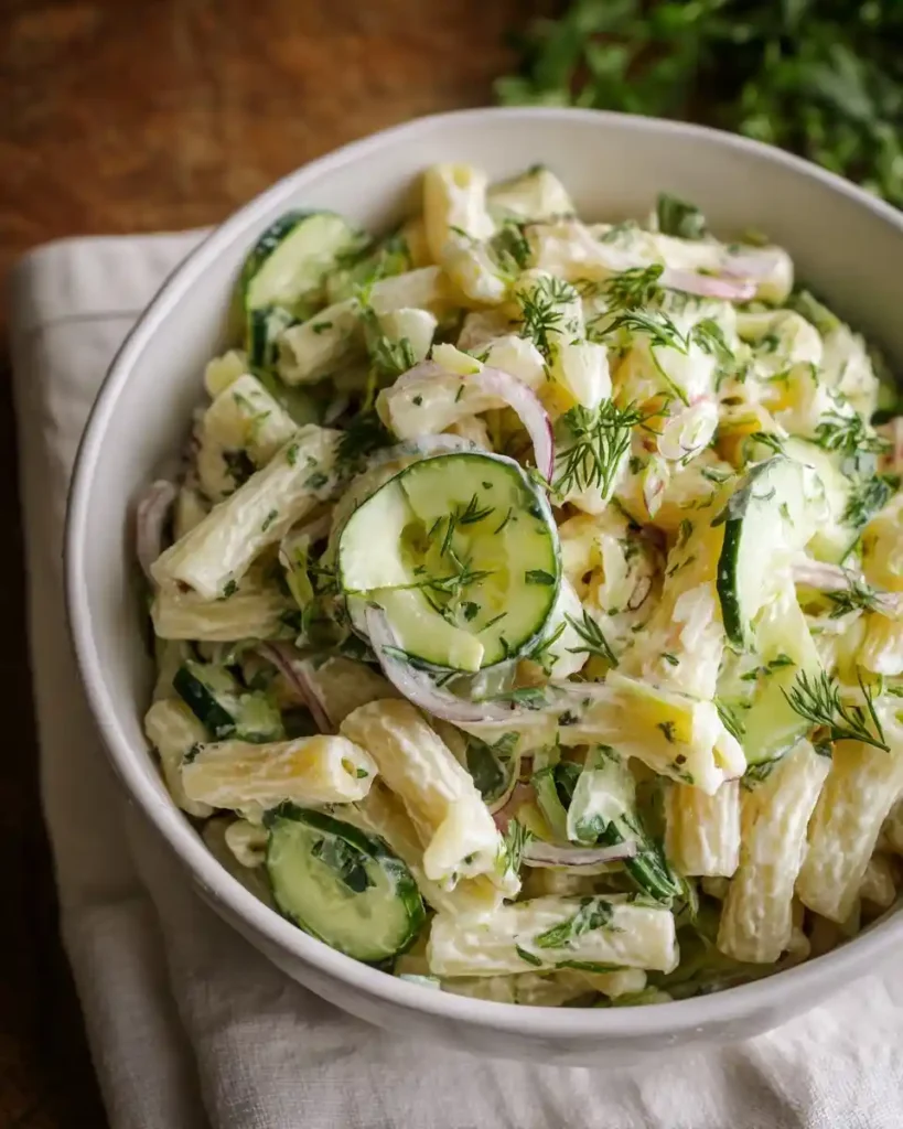 A white bowl filled with creamy cucumber pasta salad, garnished with fresh dill and red onions on a wooden table.