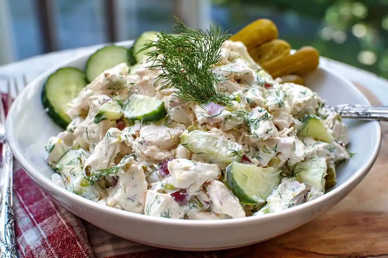 Close-up of creamy dill pickle chicken salad in a white bowl garnished with fresh dill and pickles