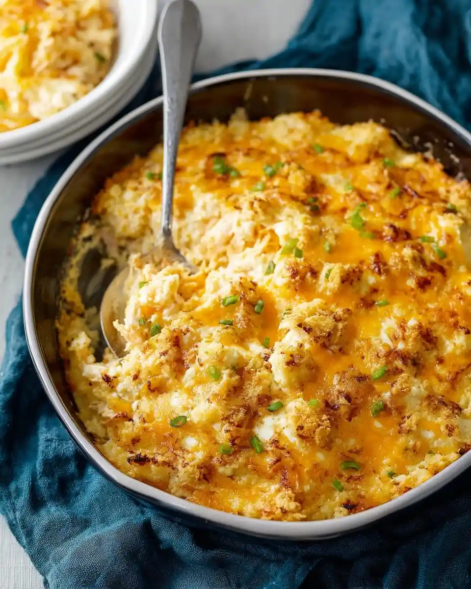 A serving spoon resting in a baked {{ $('Fetch Recipe Data').first().json['Main Keyword'] }} with melted cheese and chives.