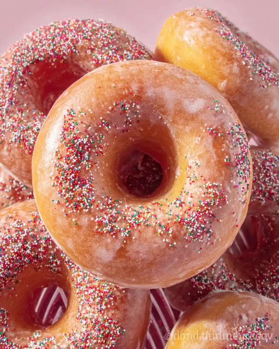 Glossy {{ $('Fetch Recipe Data').first().json["Main Keyword"] }} covered in rainbow sprinkles on a pink background.