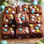Fudgy Mini Egg brownies decorated with pastel candy eggs, stacked on parchment paper surrounded by spring decor.