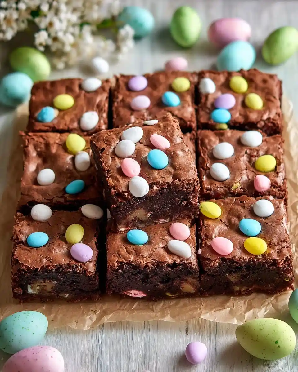 Fudgy Mini Egg brownies decorated with pastel candy eggs, stacked on parchment paper surrounded by spring decor.