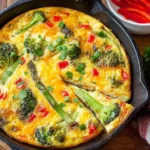 Golden baked vegetable frittata in a cast iron skillet loaded with broccoli, peppers, and cheese with a slice cut out