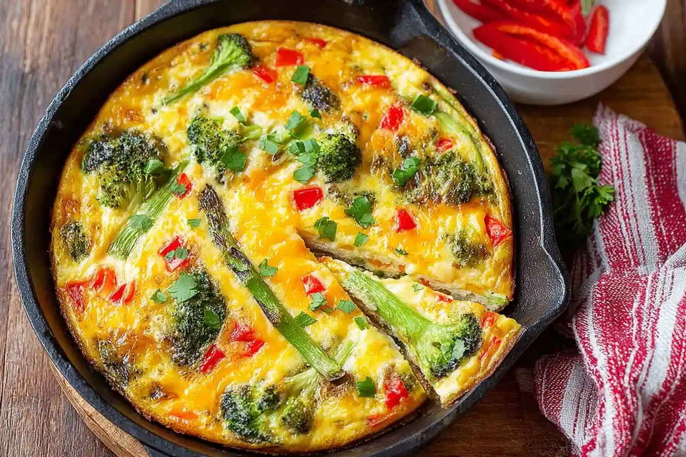 Golden baked vegetable frittata in a cast iron skillet loaded with broccoli, peppers, and cheese with a slice cut out