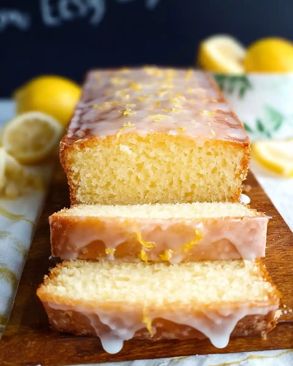 A beautifully sliced, moist lemon loaf cake topped with a sweet white glaze and fresh zest.
