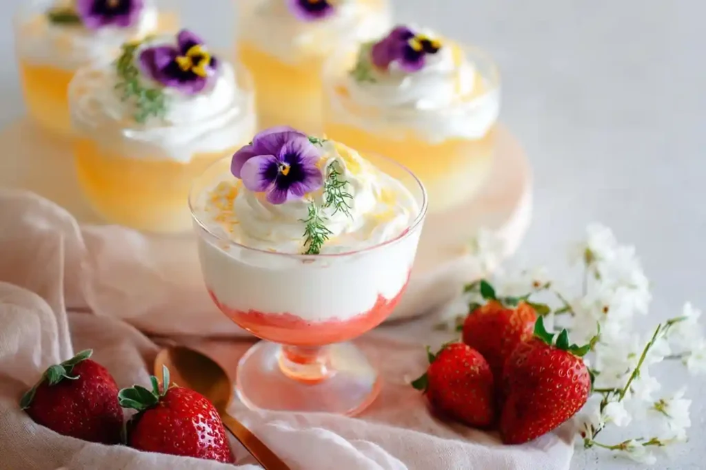 Close-up of a layered strawberry lemon mousse cup topped with whipped cream, zest, and a purple edible flower.