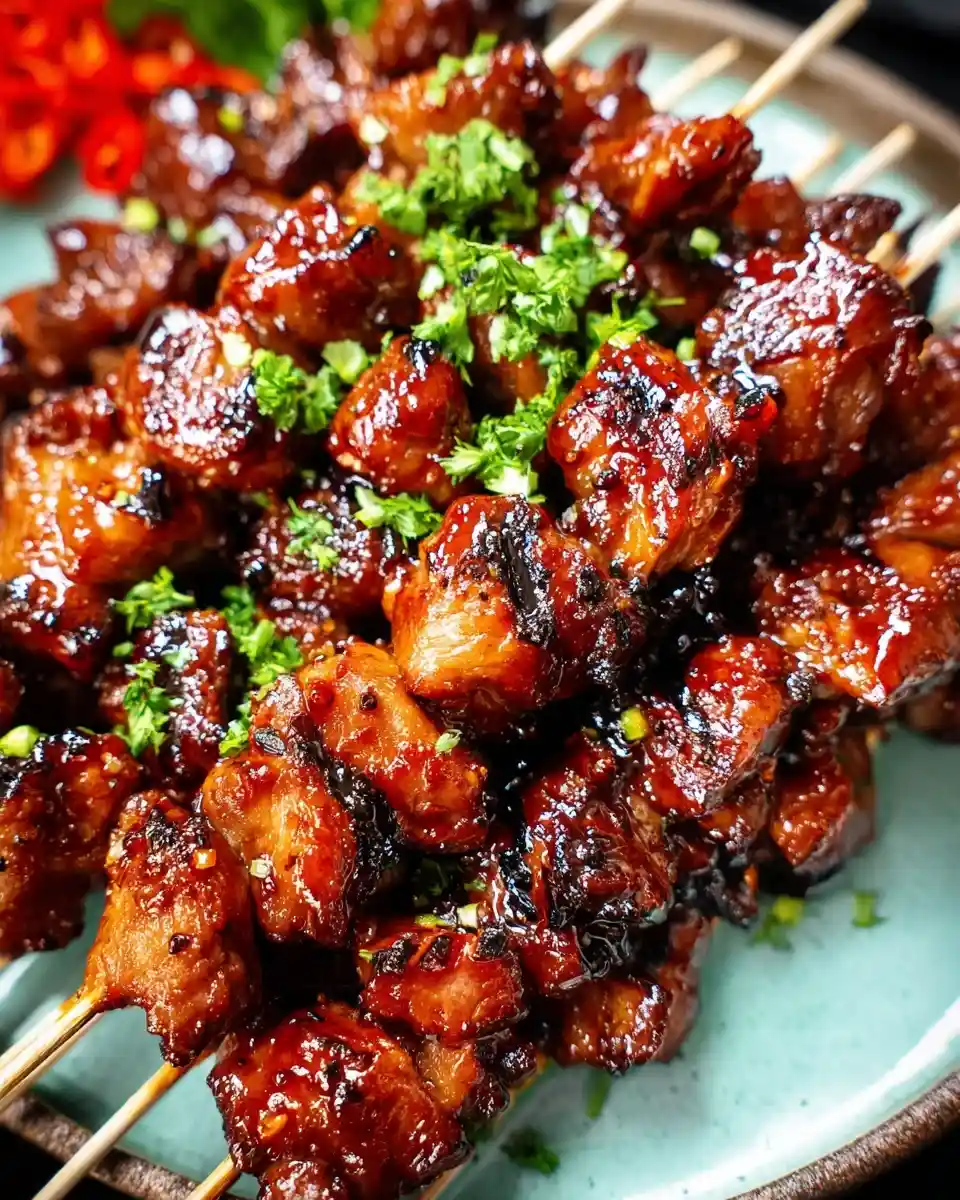 Plate of glossy, caramelized BBQ pork skewers garnished with fresh chopped cilantro.