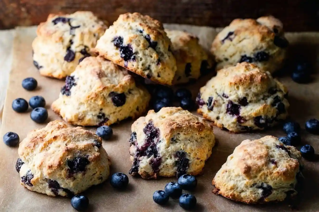 Freshly baked blueberry scones resting on rustic parchment paper, surrounded by scattered fresh blueberries.