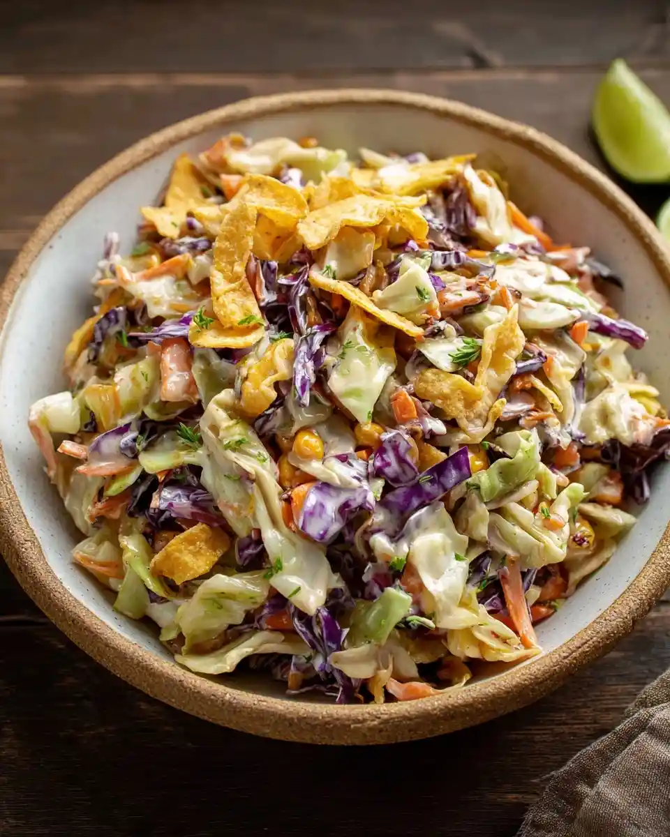 Bowl of {{ $('Fetch Recipe Data').first().json["Main Keyword"] }} with cabbage, corn, and crunchy chips.