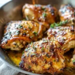A skillet filled with crispy, golden brown garlic butter chicken thighs garnished with fresh herbs.