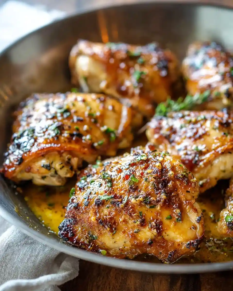 A skillet filled with crispy, golden brown garlic butter chicken thighs garnished with fresh herbs.