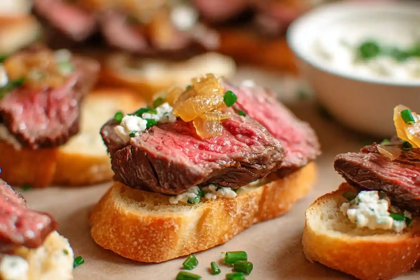 Close-up of steak crostini topped with sliced beef, creamy cheese, caramelized onions, and chives.