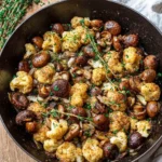 Sautéed cauliflower and mushrooms cooked with onions and fresh thyme in a cast iron skillet.