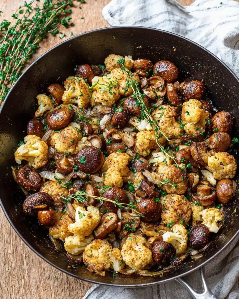 Sautéed cauliflower and mushrooms cooked with onions and fresh thyme in a cast iron skillet.
