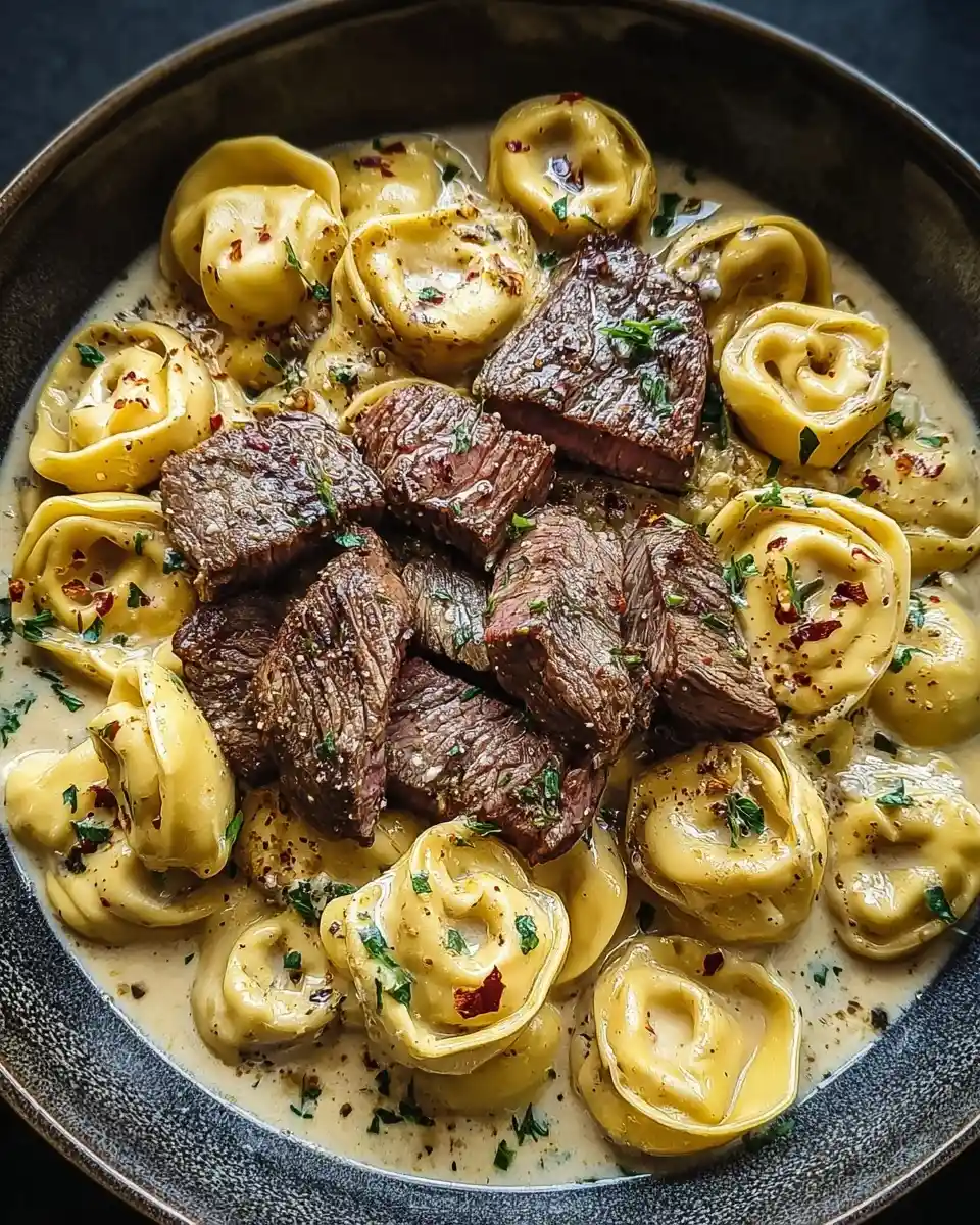 A bowl of creamy steak tortellini topped with sliced beef, fresh herbs, and red pepper flakes.