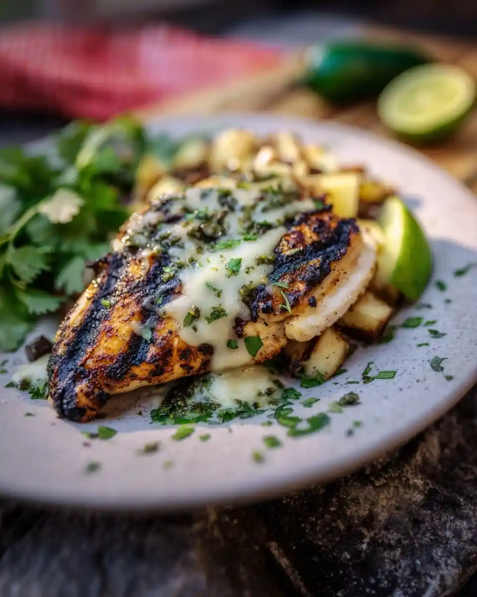 A plate of grilled cilantro lime chicken topped with melted cheese and herb sauce, served over roasted potatoes.