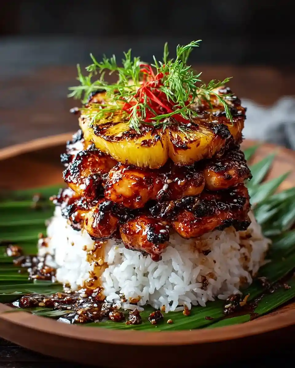 Mouthwatering Pineapple Teriyaki Chicken stacked on white rice with grilled pineapple and fresh herbs.