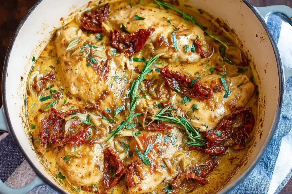 A pot of rich creamy sun-dried tomato chicken simmering with fresh rosemary and aromatic herbs.