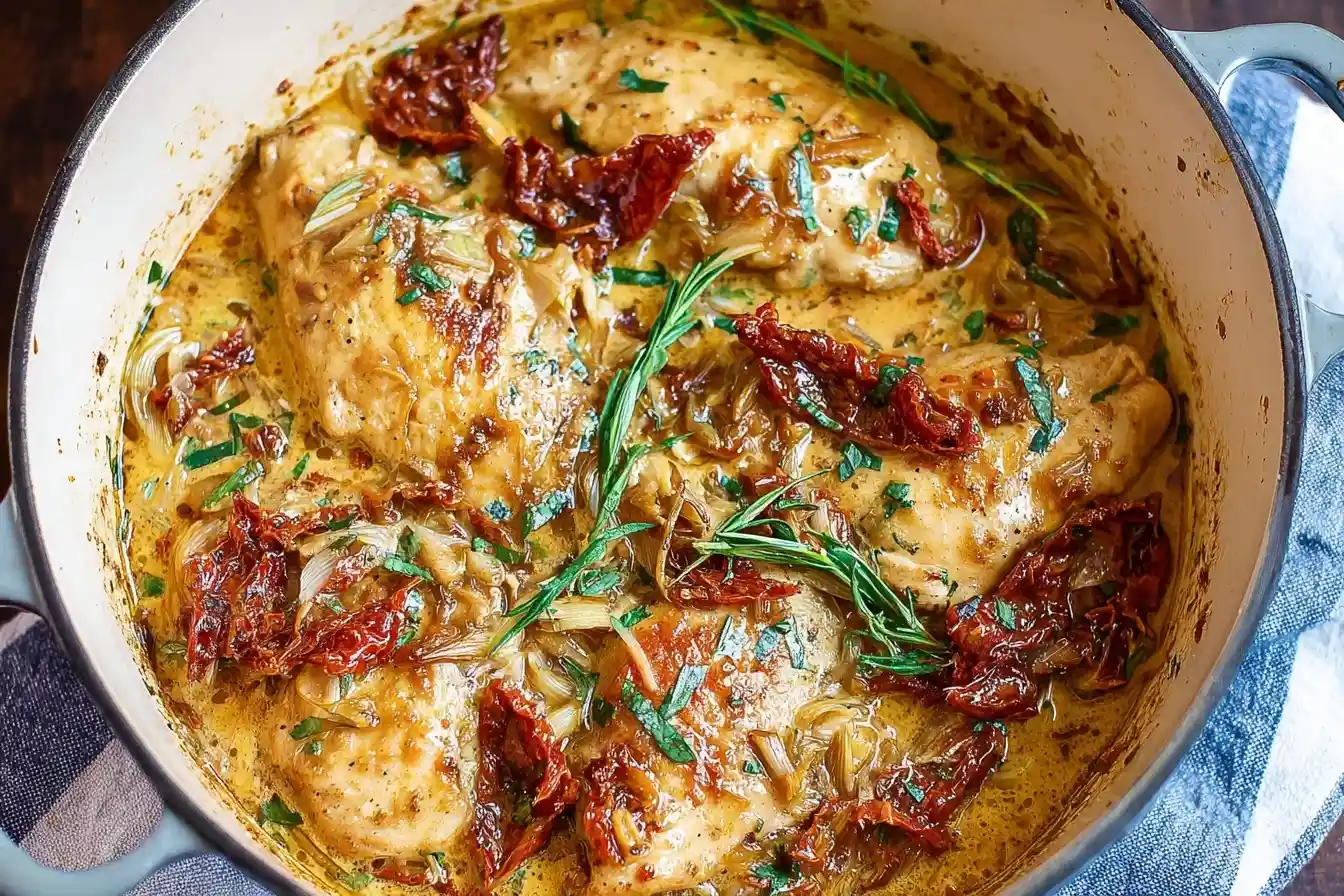 A pot of rich creamy sun-dried tomato chicken simmering with fresh rosemary and aromatic herbs.