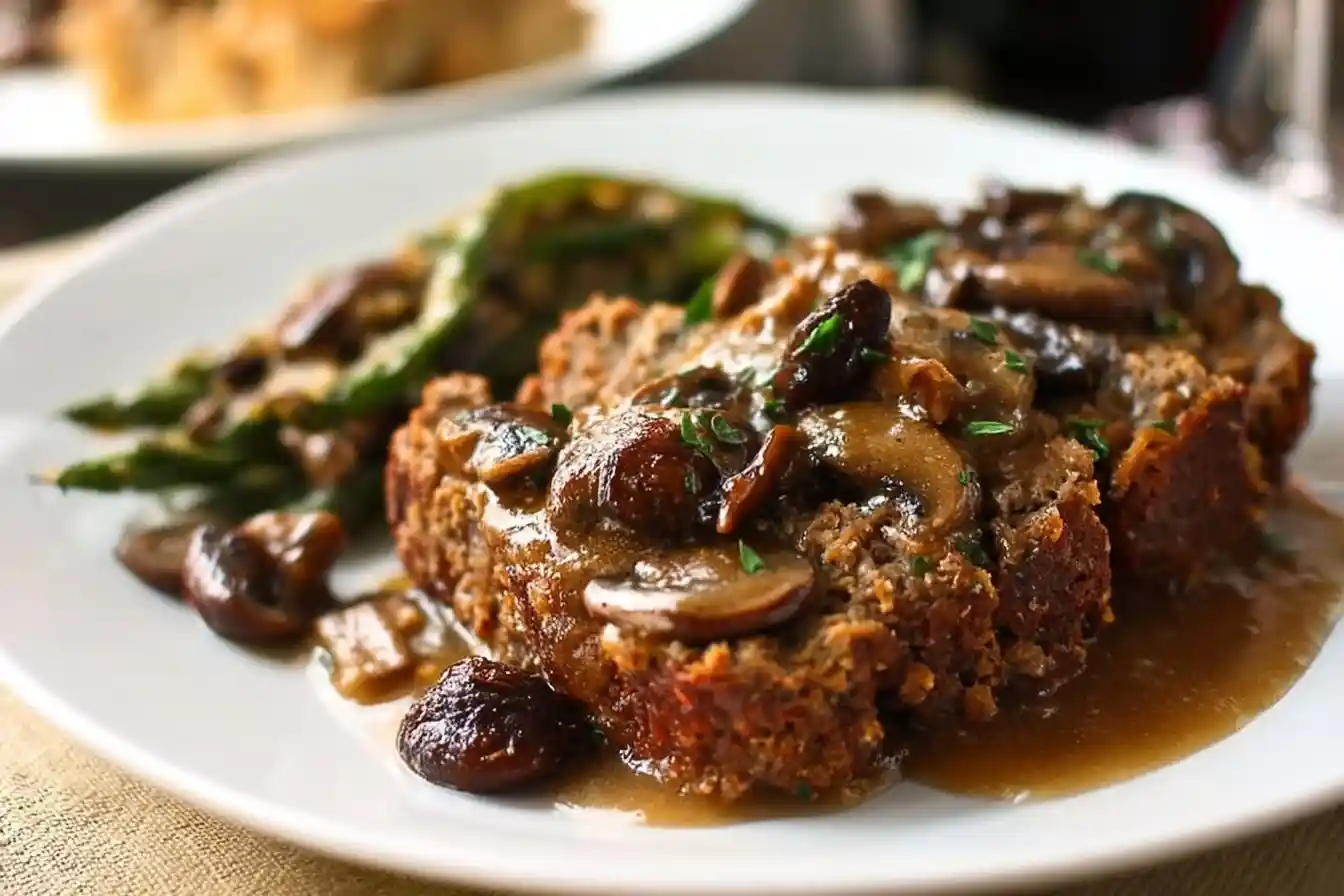 A white plate featuring sliced meatloaf with mushroom gravy, accompanied by a side of green beans.
