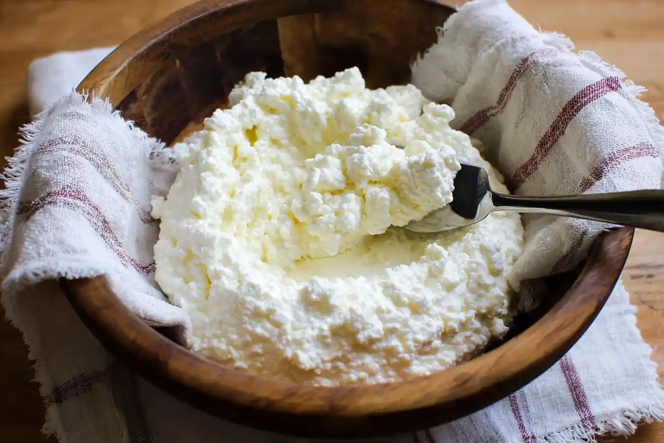 Spoon scooping fluffy homemade ricotta cheese from a cheesecloth-lined wooden bowl