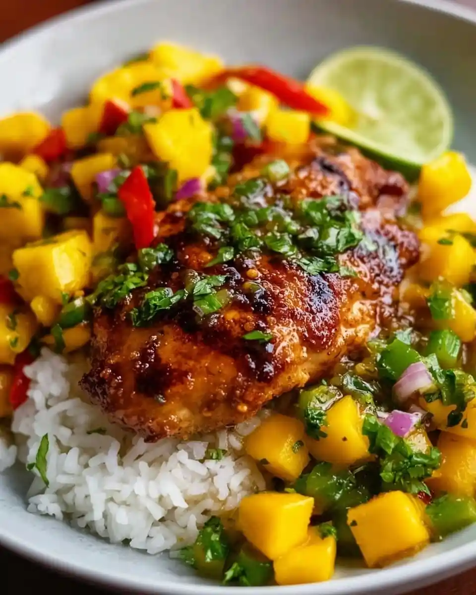 Glazed mango salsa chicken served in a bowl over white rice, topped with fresh diced mango, red pepper, and cilantro.