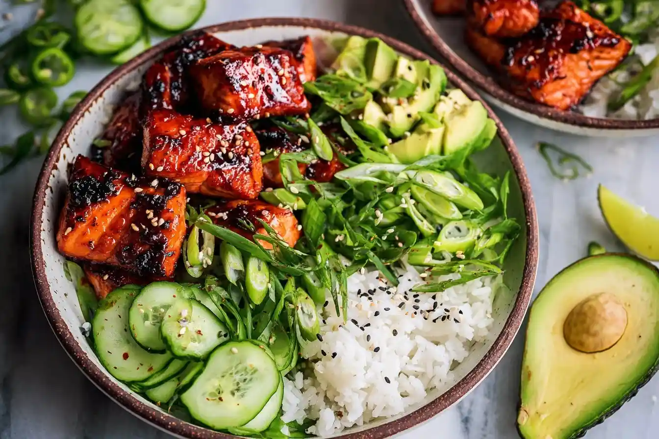 A fresh {{ $('Fetch Recipe Data').first().json["Main Keyword"] }} with glazed fish, avocado, and cucumber.