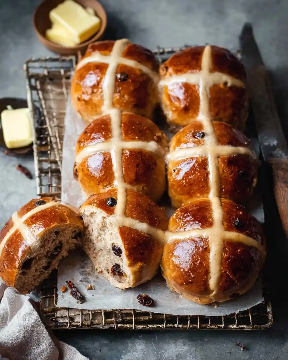 Freshly baked hot cross buns with icing crosses and raisins on a cooling rack next to butter.