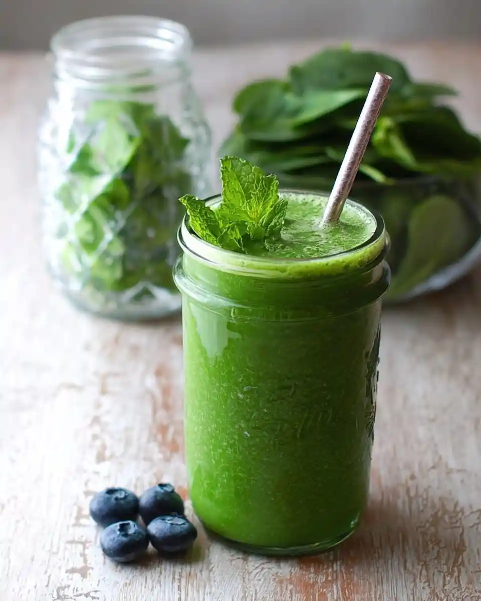 A vibrant spinach blueberry smoothie in a mason jar, garnished with fresh mint, surrounded by spinach leaves.