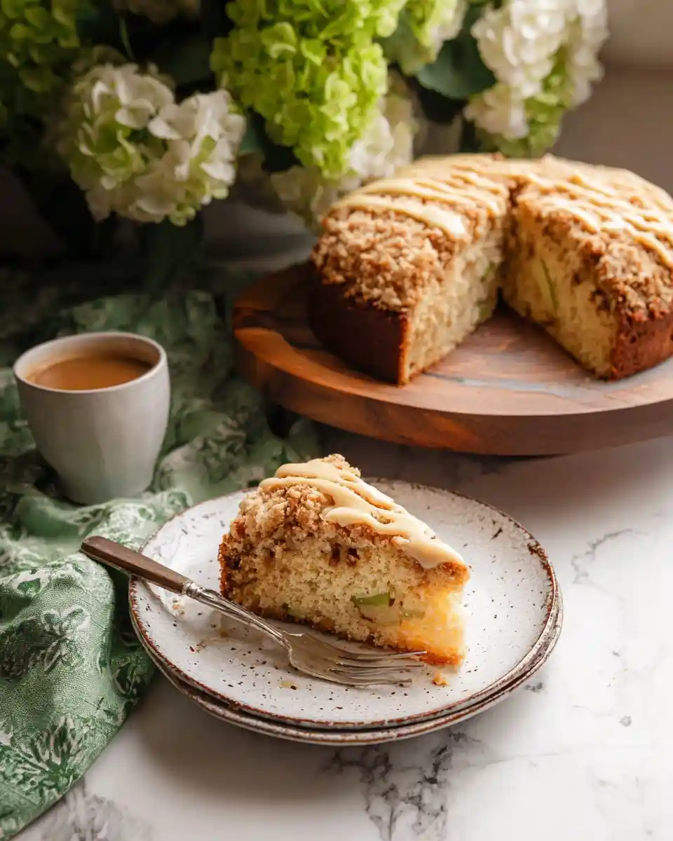 A slice of apple crumb cake on a plate with a fork, next to a cup of coffee and the remaining cake on a wooden stand.