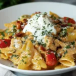 Close-up of creamy tomato pasta with cherry tomatoes, sun-dried tomatoes, and a dollop of cheese in a white bowl.