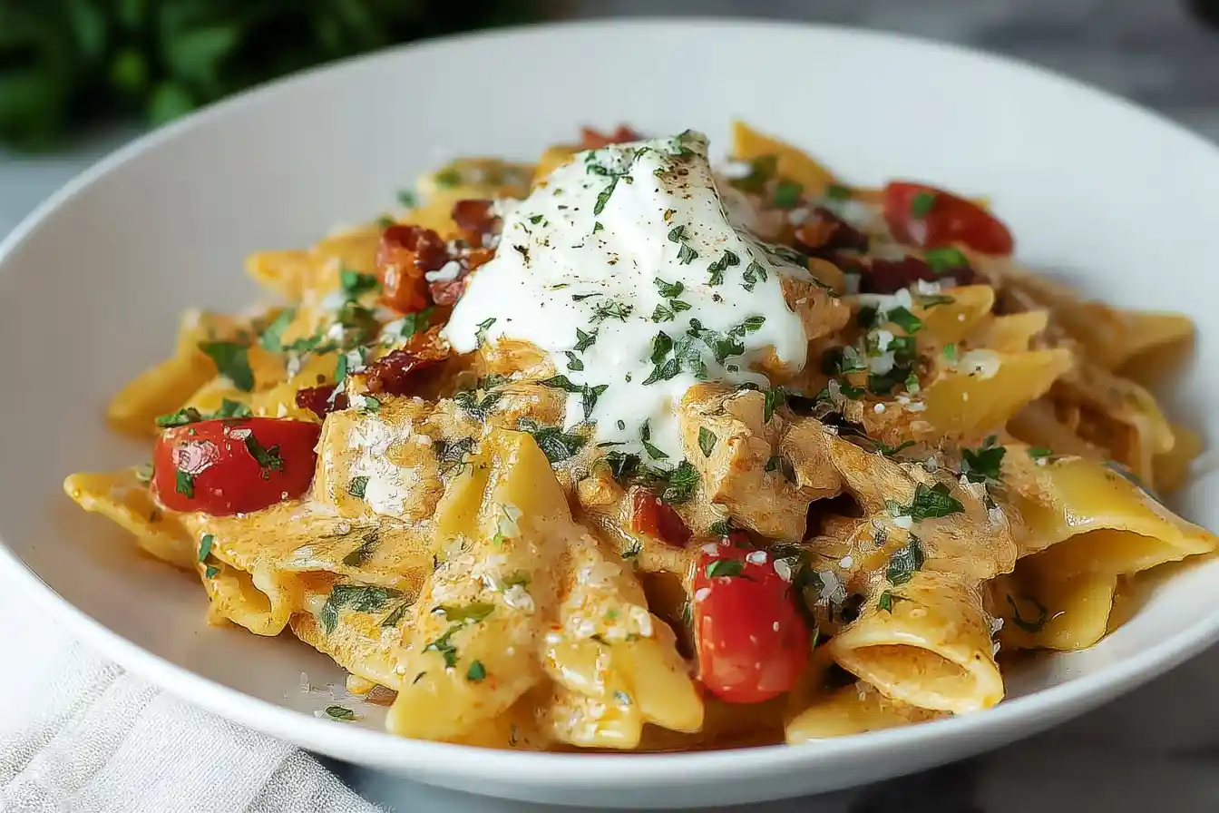 Close-up of creamy tomato pasta with cherry tomatoes, sun-dried tomatoes, and a dollop of cheese in a white bowl.