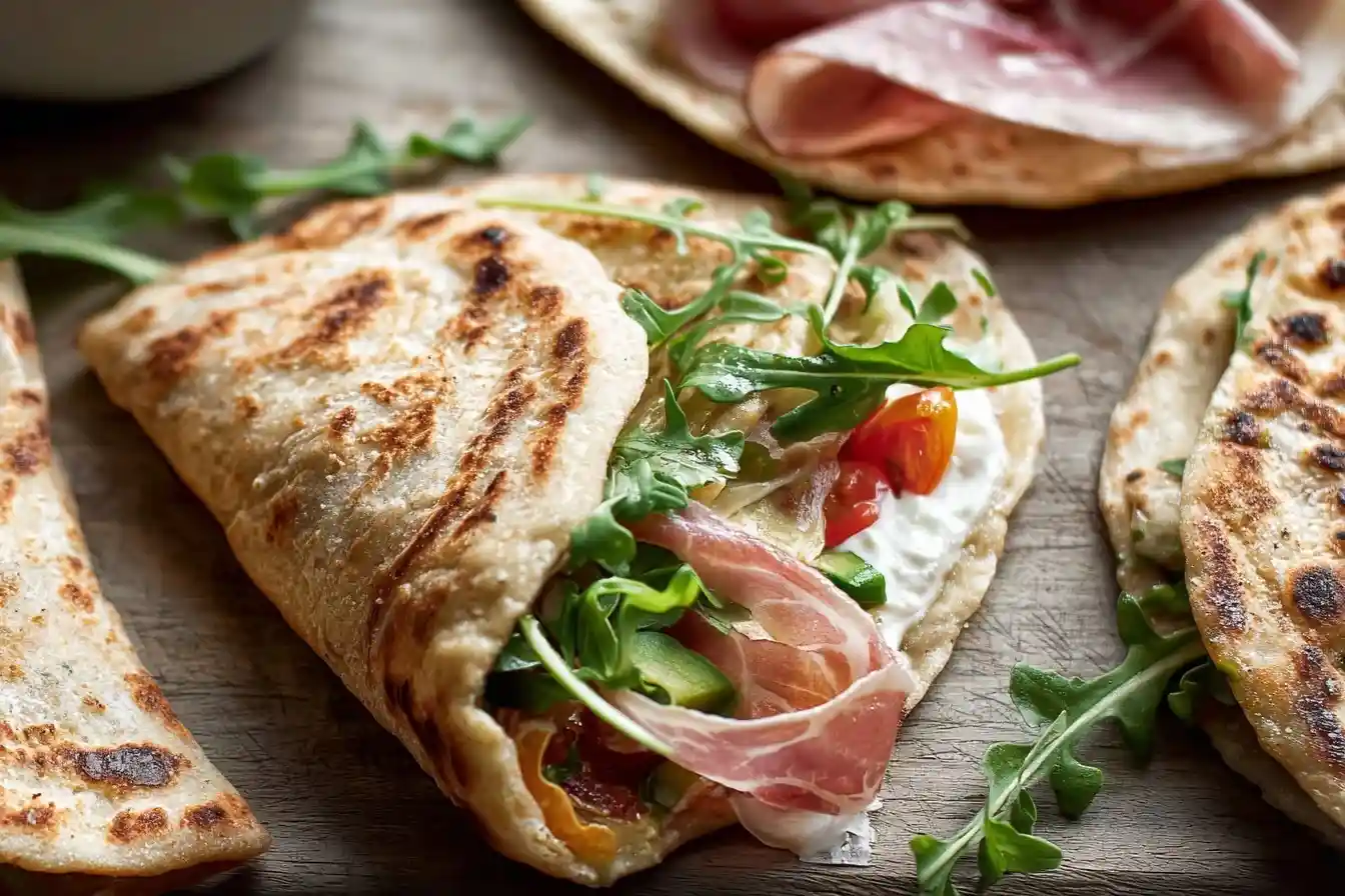 Golden brown Piadina Romagnola folded with prosciutto, arugula, and tomatoes on a rustic wooden surface.