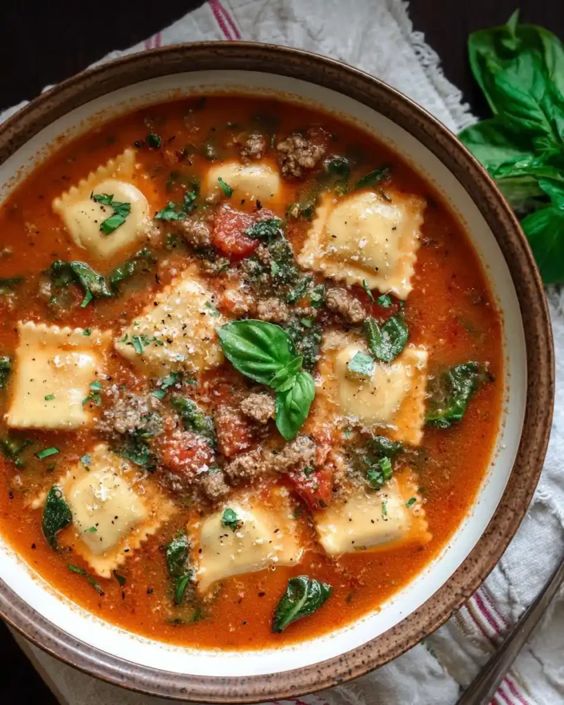 Overhead view of a hearty bowl of ravioli soup with ground meat, spinach, and fresh basil.