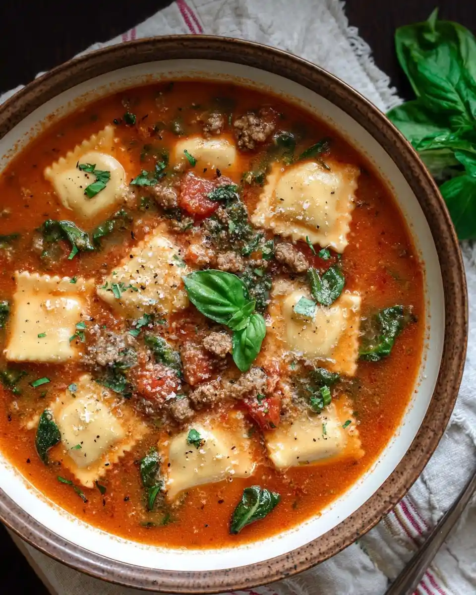 Overhead view of a hearty bowl of ravioli soup with ground meat, spinach, and fresh basil.