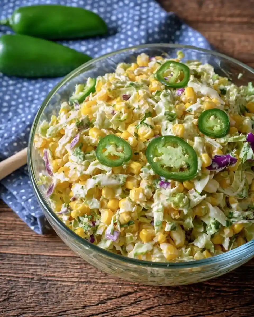 A glass bowl of creamy jalapeno corn coleslaw garnished with fresh pepper slices on a rustic wooden table.