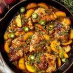 Golden brown peach jalapeno chicken thighs cooked in a cast iron skillet with fresh peach slices and herbs.