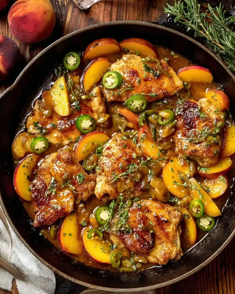 Golden brown peach jalapeno chicken thighs cooked in a cast iron skillet with fresh peach slices and herbs.