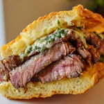 Close-up of a juicy Garlic Butter Steak Sandwich with sliced beef, melted cheese, and herbs on toasted bread