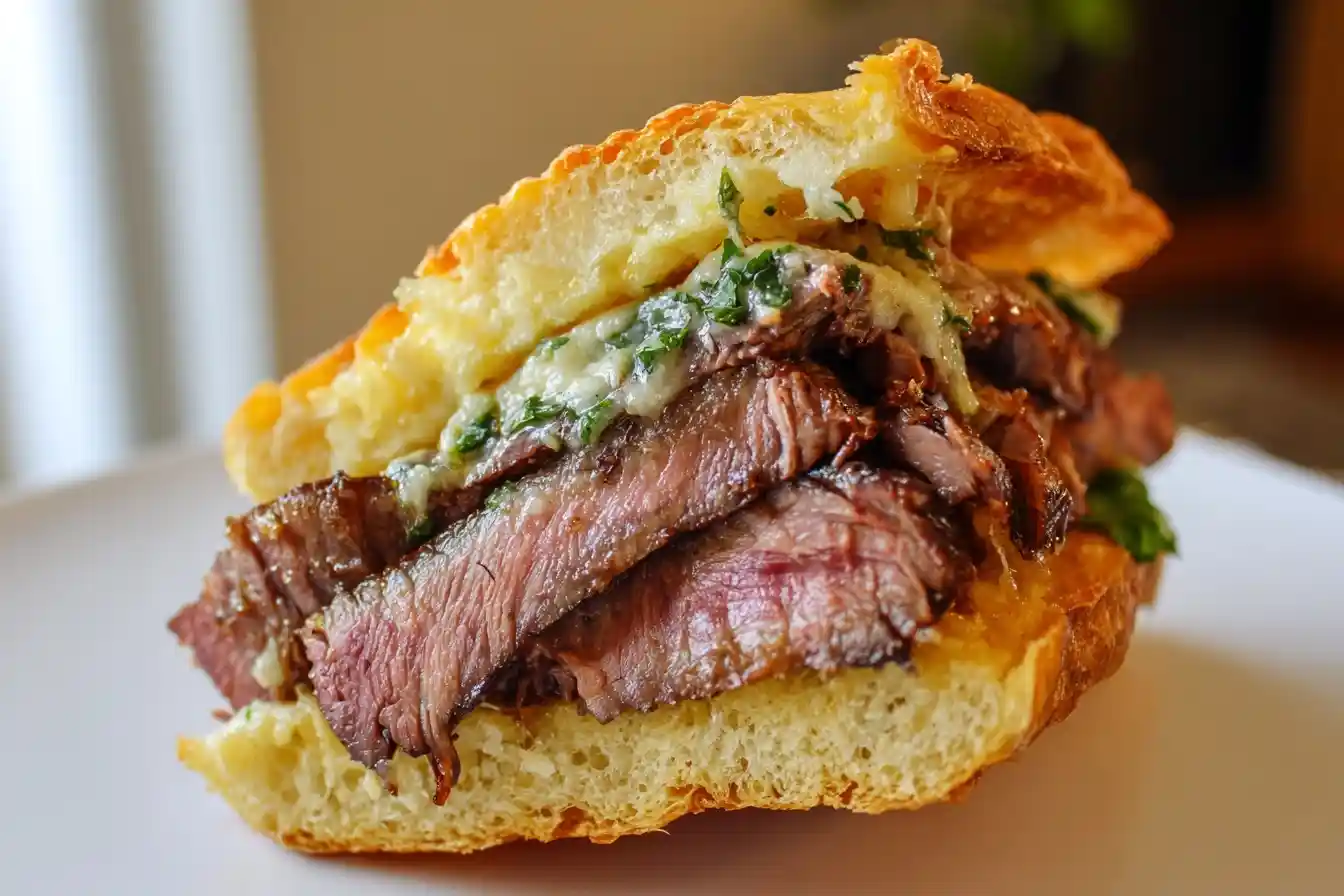 Close-up of a juicy Garlic Butter Steak Sandwich with sliced beef, melted cheese, and herbs on toasted bread