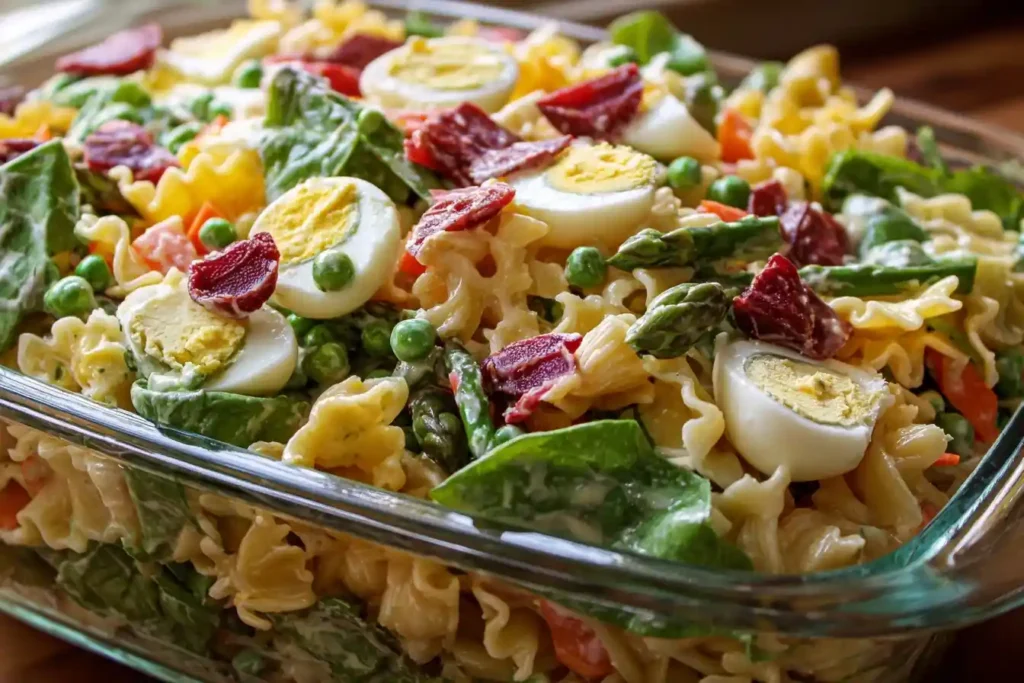 Close-up view of a creamy Asparagus Pasta Salad with hard-boiled eggs, peas, spinach, and sun-dried tomatoes