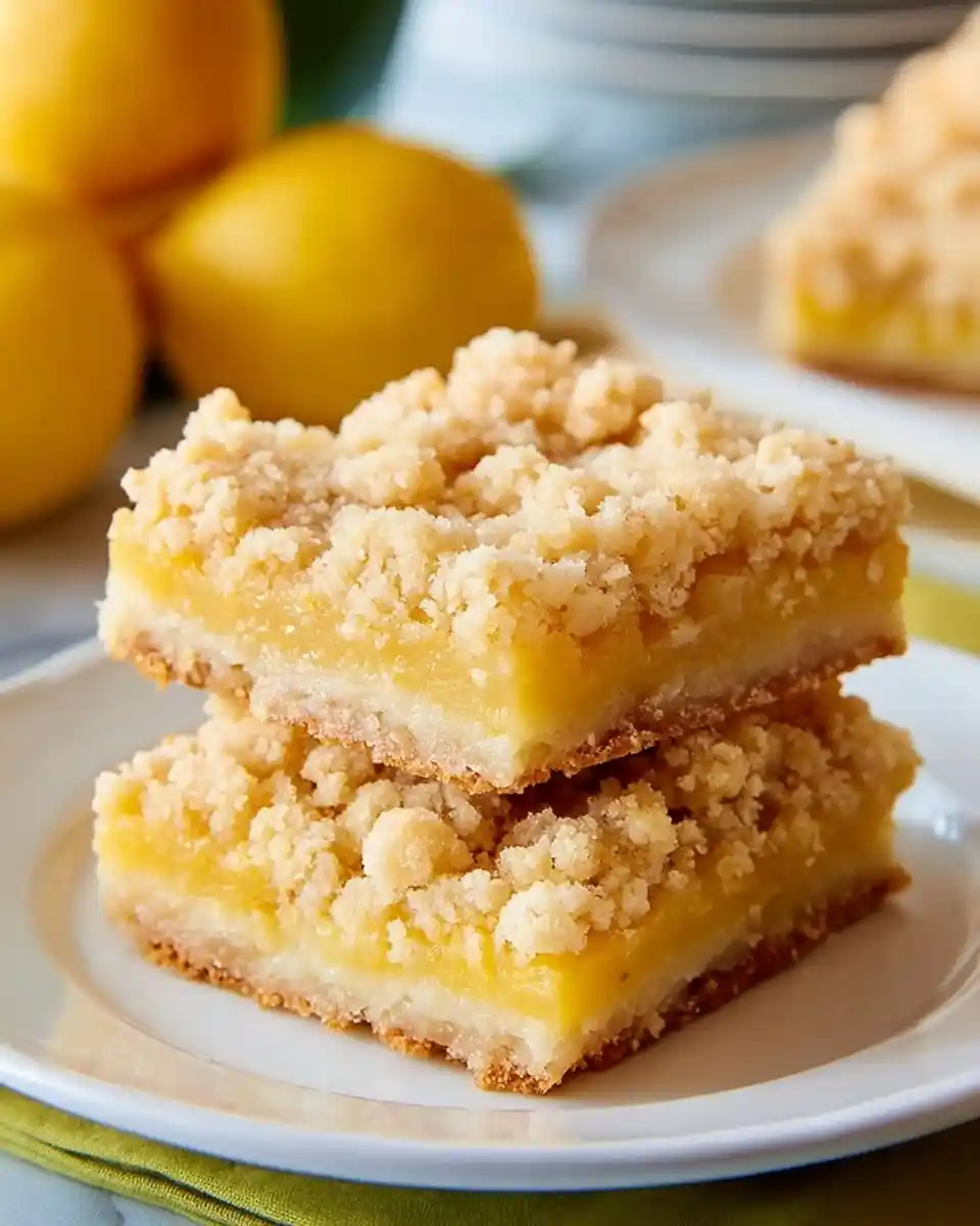 Two delicious stacked lemon crumb bars on a white plate with fresh whole lemons behind them.