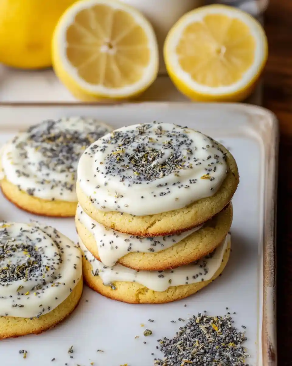 A stack of three frosted lemon poppy seed cookies sprinkled with lavender, with fresh lemons behind.